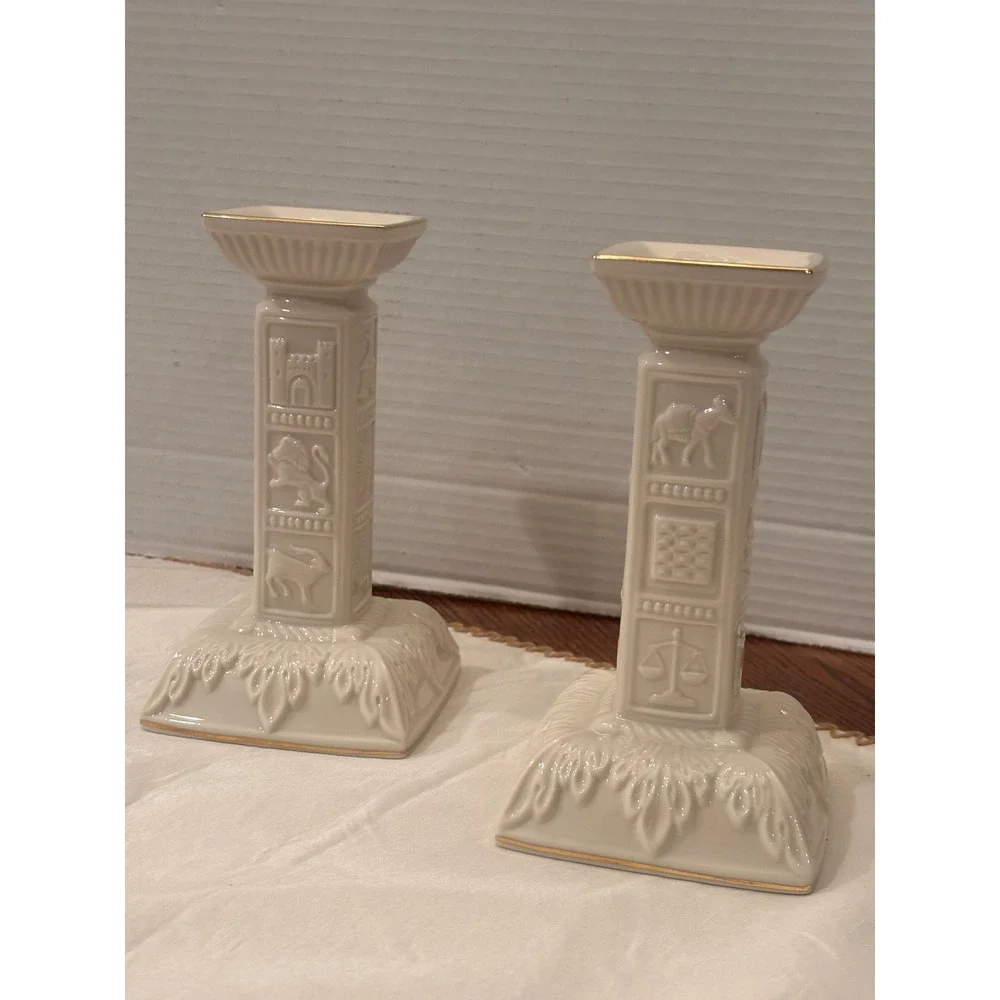 Lenox Twelve Tribes of Israel Candlesticks Ivory Gold Trim Set of 2 USA Made7.5" - Picture 1 of 15